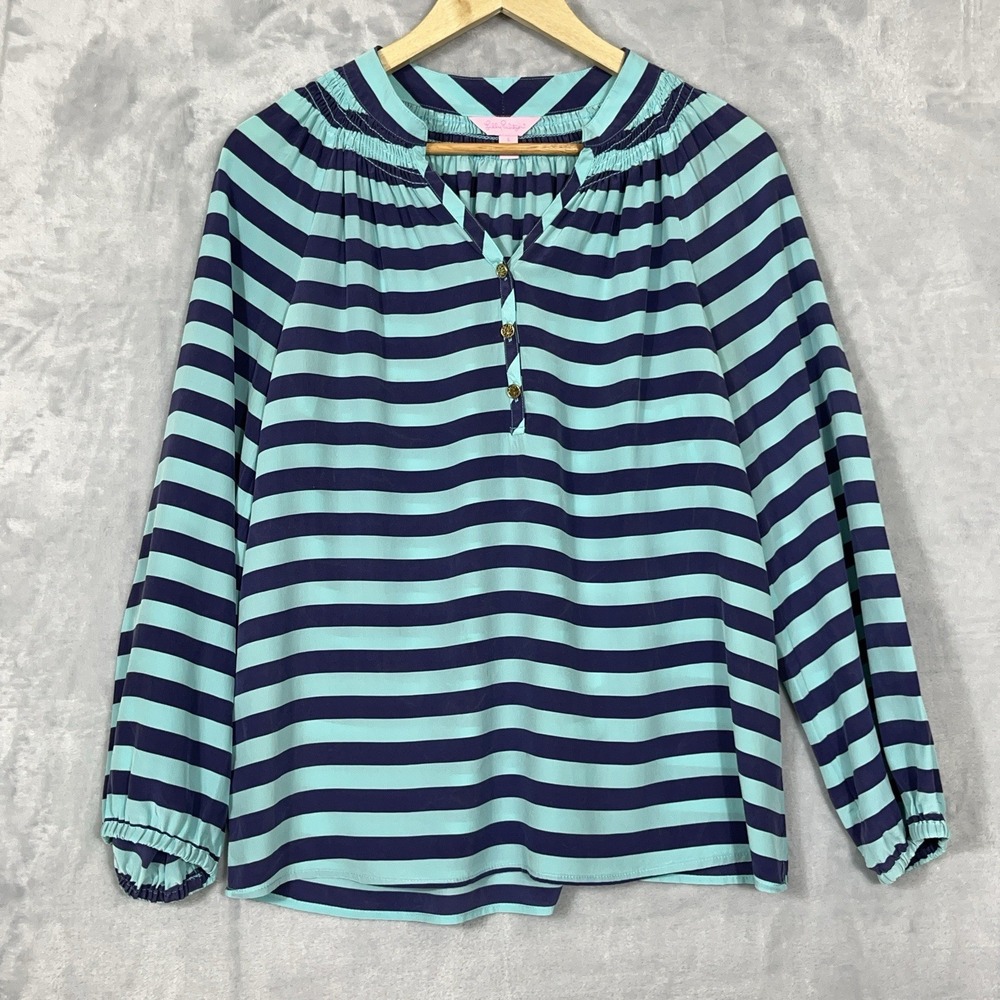LILLY PULITZER 100% silk 3/4 sleeve Womans Top teal and navy striped size small